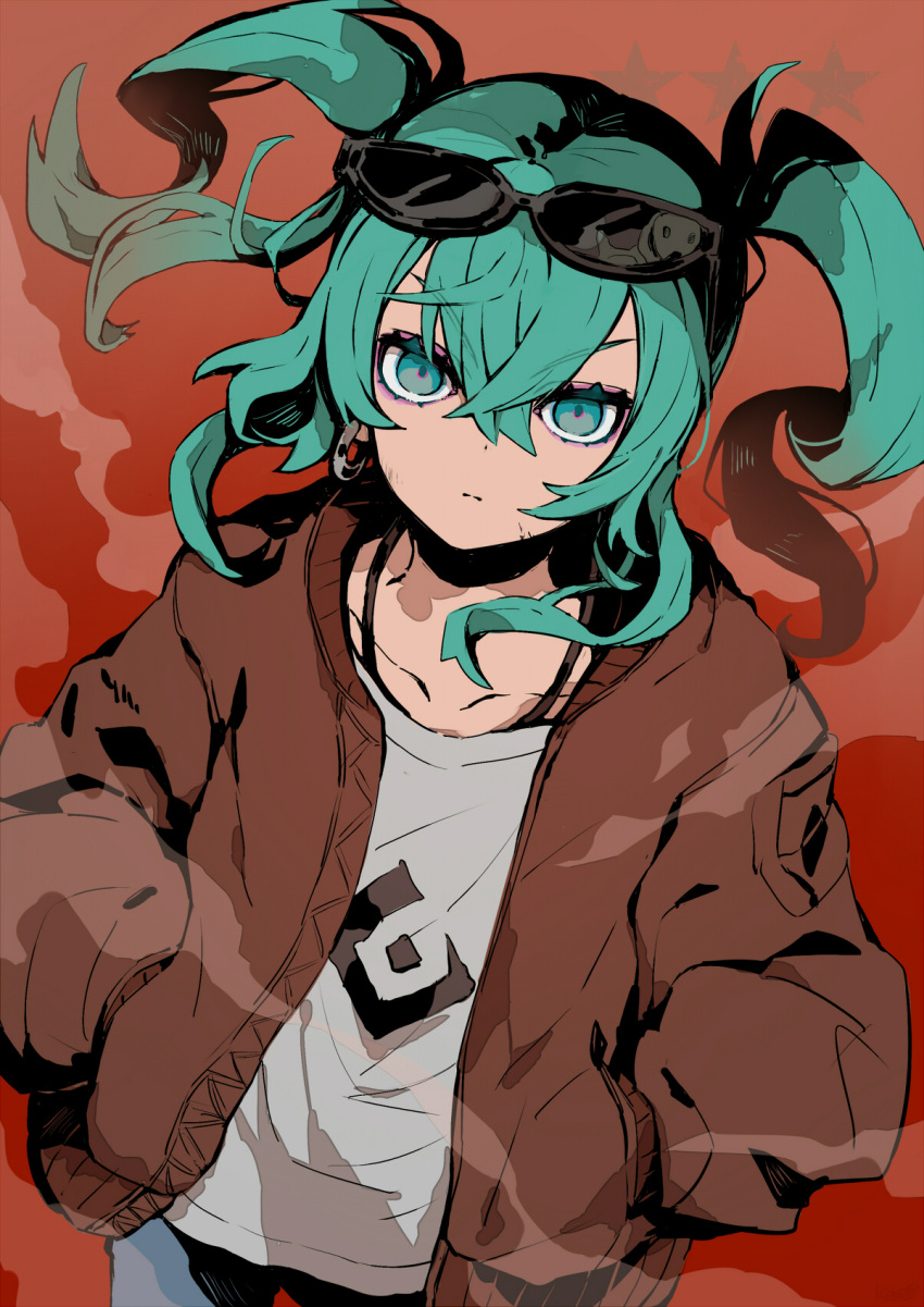1girl, alternate_hairstyle, brown_jacket, commentary, denim, earrings, eyelashes, eyewear_on_head