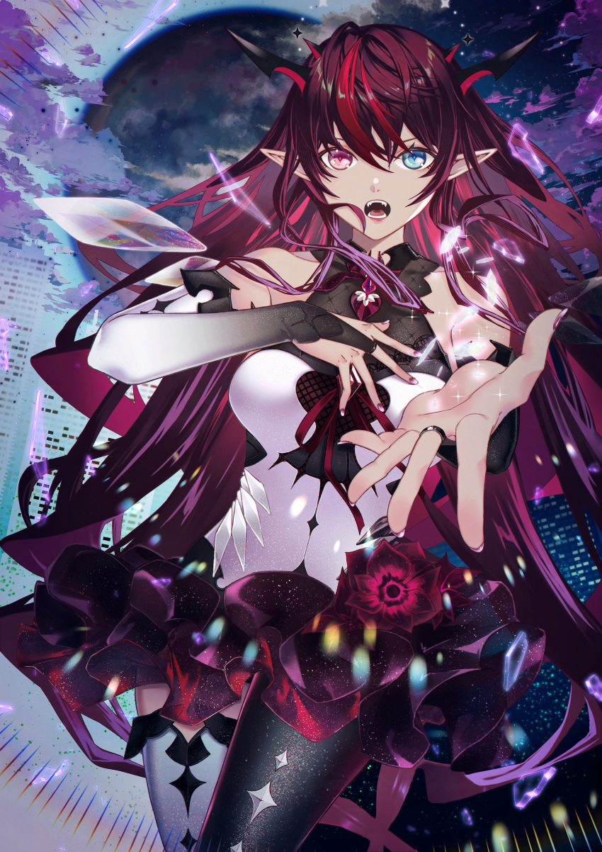 1girl, absurdres, asymmetrical_legwear, black_gloves, black_legwear, blue_eyes, breasts, bridal_gauntlets