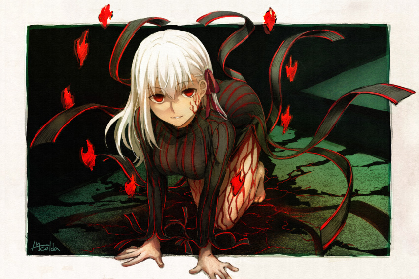 1girl, arm_support, basement, black_dress, body_markings, border, breasts, commentary_request