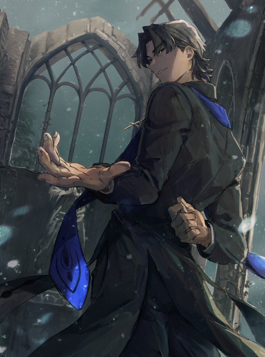1boy, absurdres, arm_behind_back, black_eyes, black_robe, brown_hair, church, clenched_hand