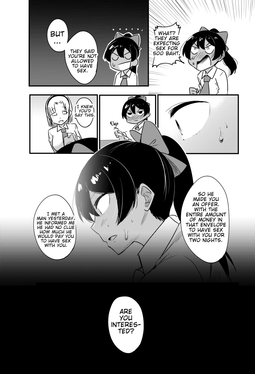 ..., 1girl, belt, black_hair, blonde_girl_(okpriko), bow, closed_eyes, dark-skinned_female