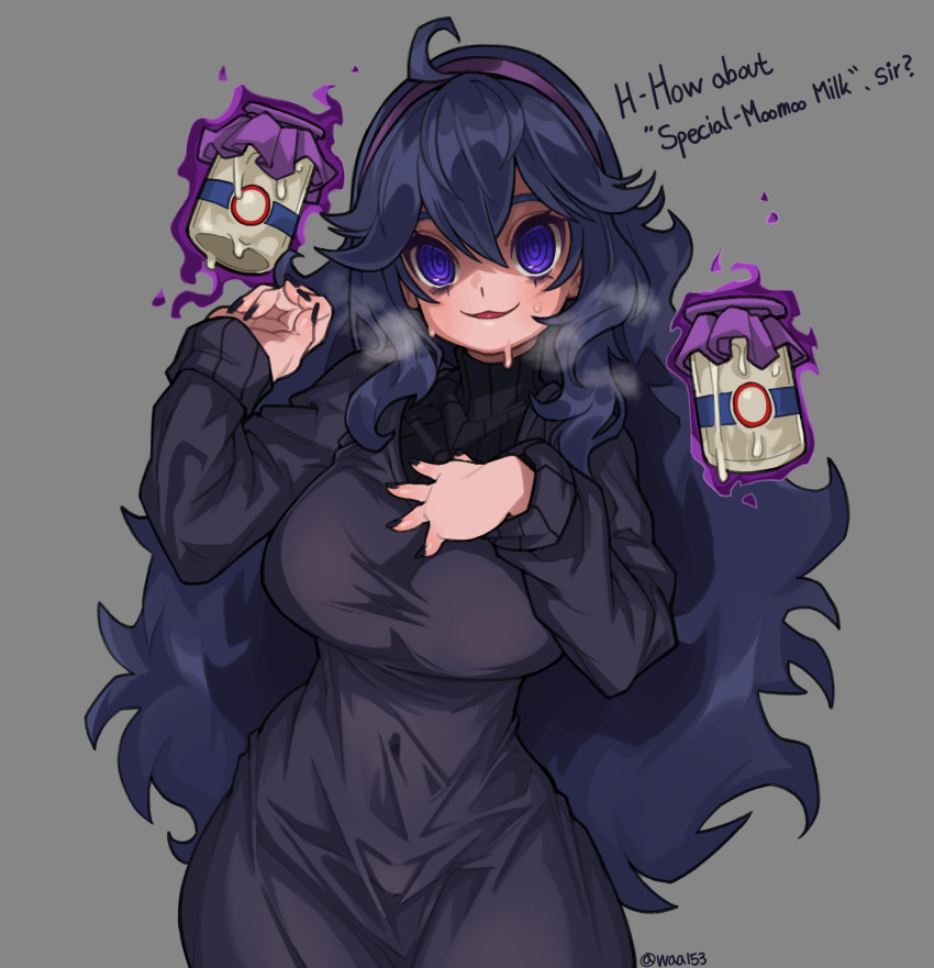 1girl, @_@, ahoge, alternate_breast_size, bags_under_eyes, bangs, black_nails, bottle