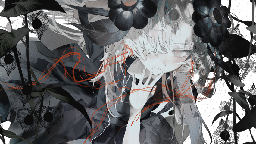 1girl, absurdres, bangs, black_dress, black_flower, dress, flower, grey_eyes