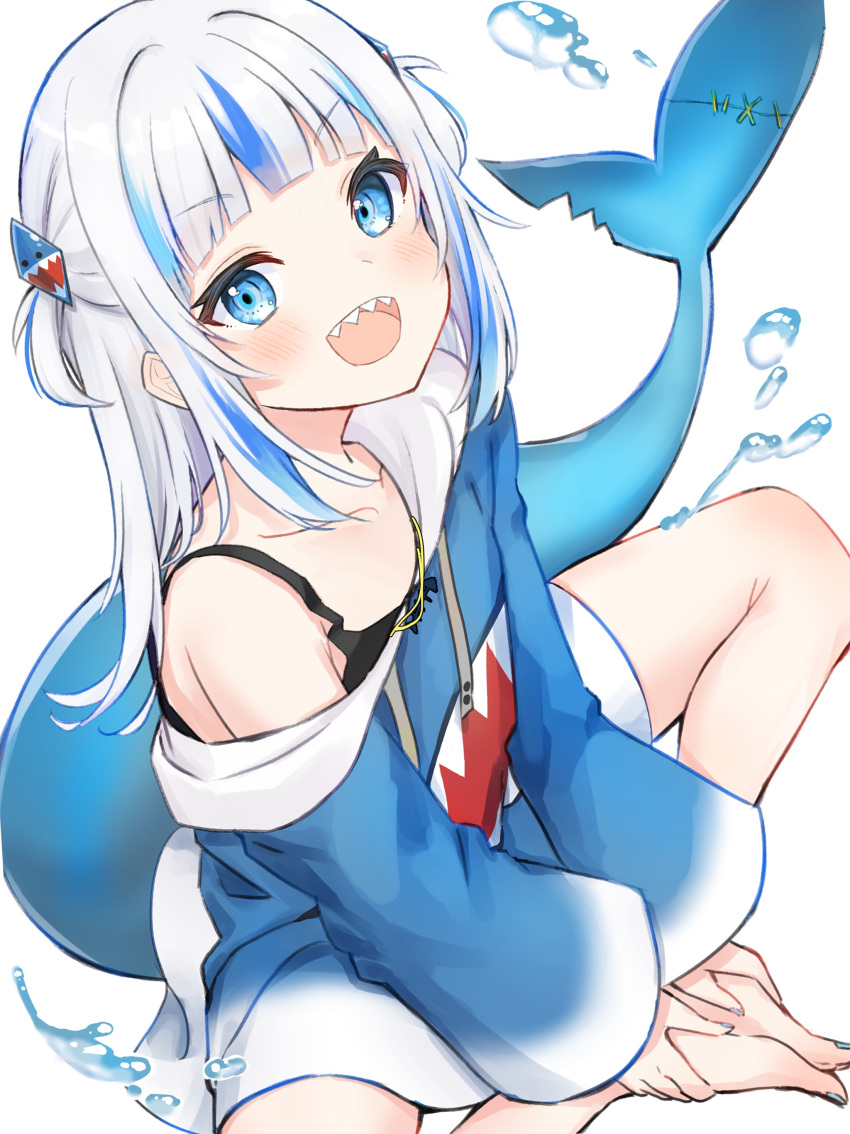 1girl, :d, absurdres, bangs, bare_legs, barefoot, black_camisole, blue_eyes