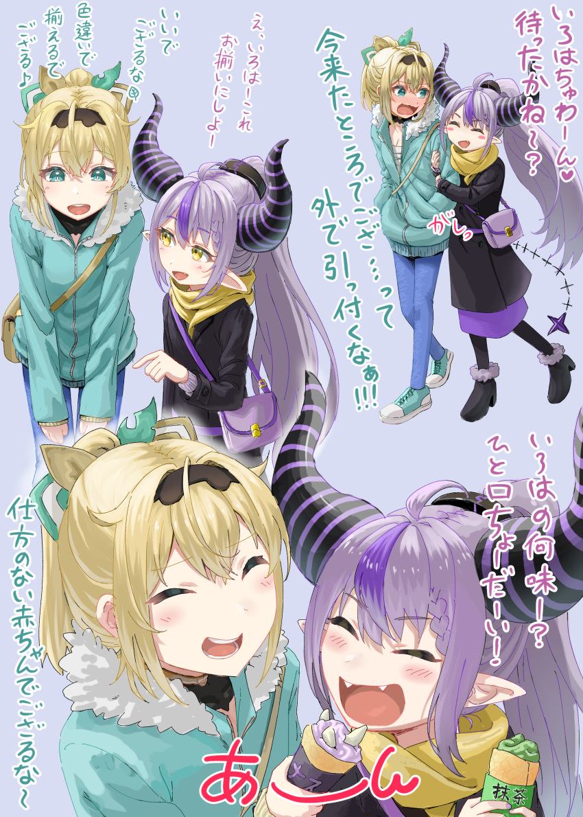 2girls, @_@, absurdres, arm_hug, bag, bangs, black_footwear, blonde_hair