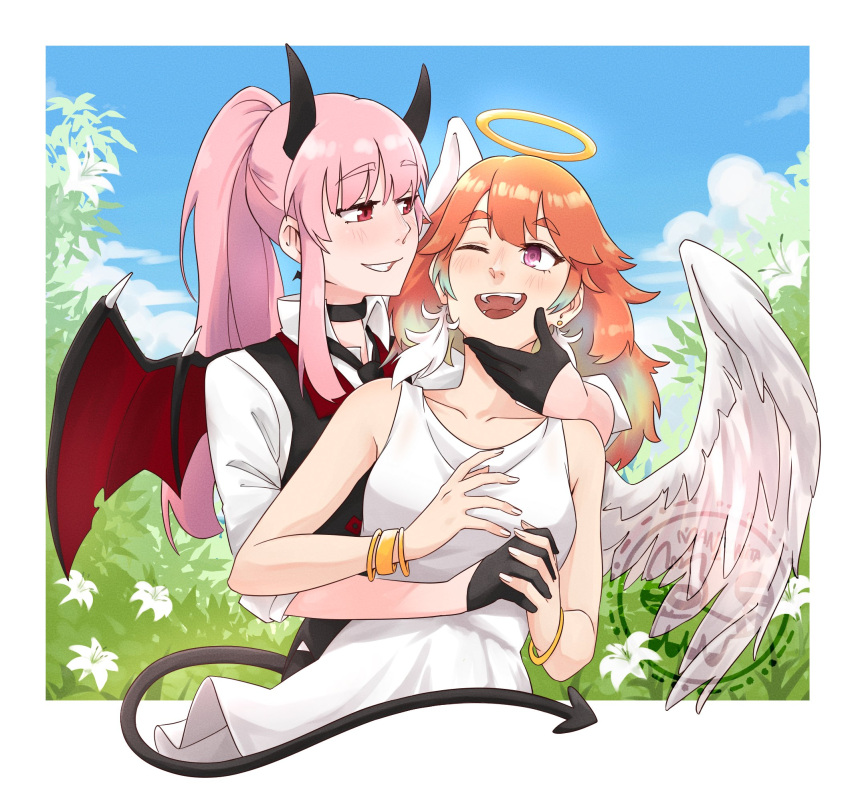 2girls, angel, angel_and_devil, angel_wings, crmanzana, demon_horns, demon_wings, earrings, feather_earrings, feathered_wings, feathers, gradient_hair, halo, highres, holding_hands, hololive, hololive_english, horns, jewelry, mori_calliope, multicolored_hair, multiple_girls, orange_hair, pink_hair, takanashi_kiara, virtual_youtuber, watermark, white_wings, wings, yuri