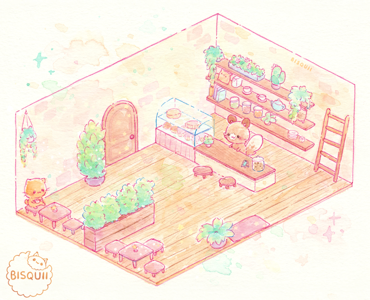 :3, animal, animal_focus, artist_name, bisquii, bookshelf, cafe, cat
