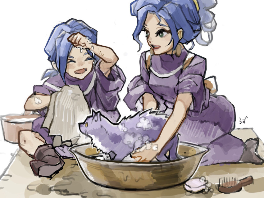 1boy, 1girl, alfador, blue_hair, brother_and_sister, cat, chrono_trigger, closed_eyes