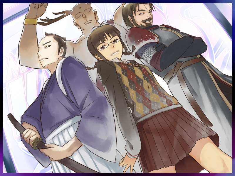 abarenbou_shogun, aerodog, akizuki_ritsuko, antlers, border, boromir, brown_eyes, brown_hair, crossover, facial_hair, glasses, idolmaster, inu_(aerodog), katana, lord_of_the_rings, matsudaira_ken, mob_strike, multiple_boys, mustache, sento-kun, sword, weapon