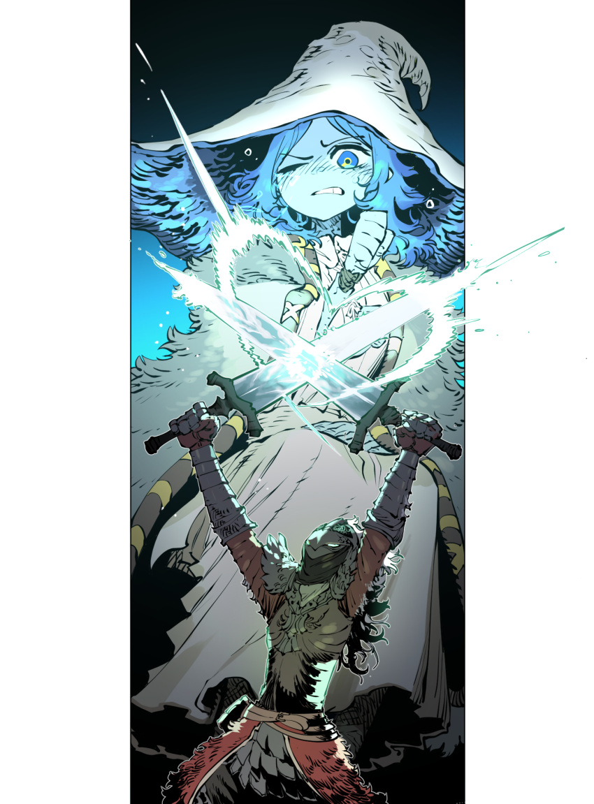1girl, 1other, ambiguous_gender, armor, blue_eyes, blue_hair, dress, elden_ring, fur_coat, hat, heart, highres, long_hair, night, night_sky, one_eye_closed, ranni_the_witch, sky, ssambatea, sword, tarnished_(elden_ring), teeth, wavy_hair, weapon, white_dress, wince, witch, witch_hat