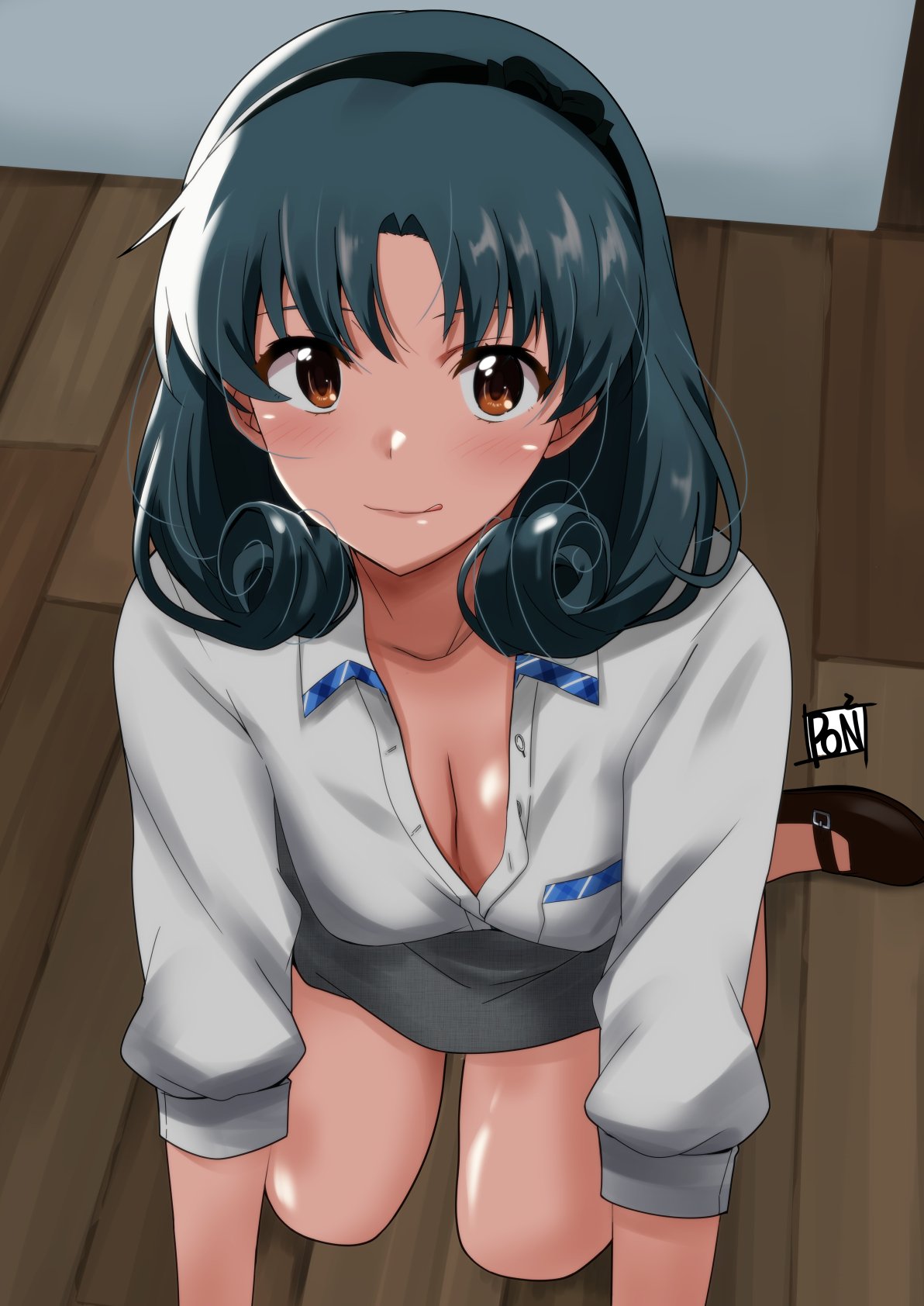 1girl, bangs, black_footwear, blush, breast_pocket, breasts, brown_eyes, collared_shirt