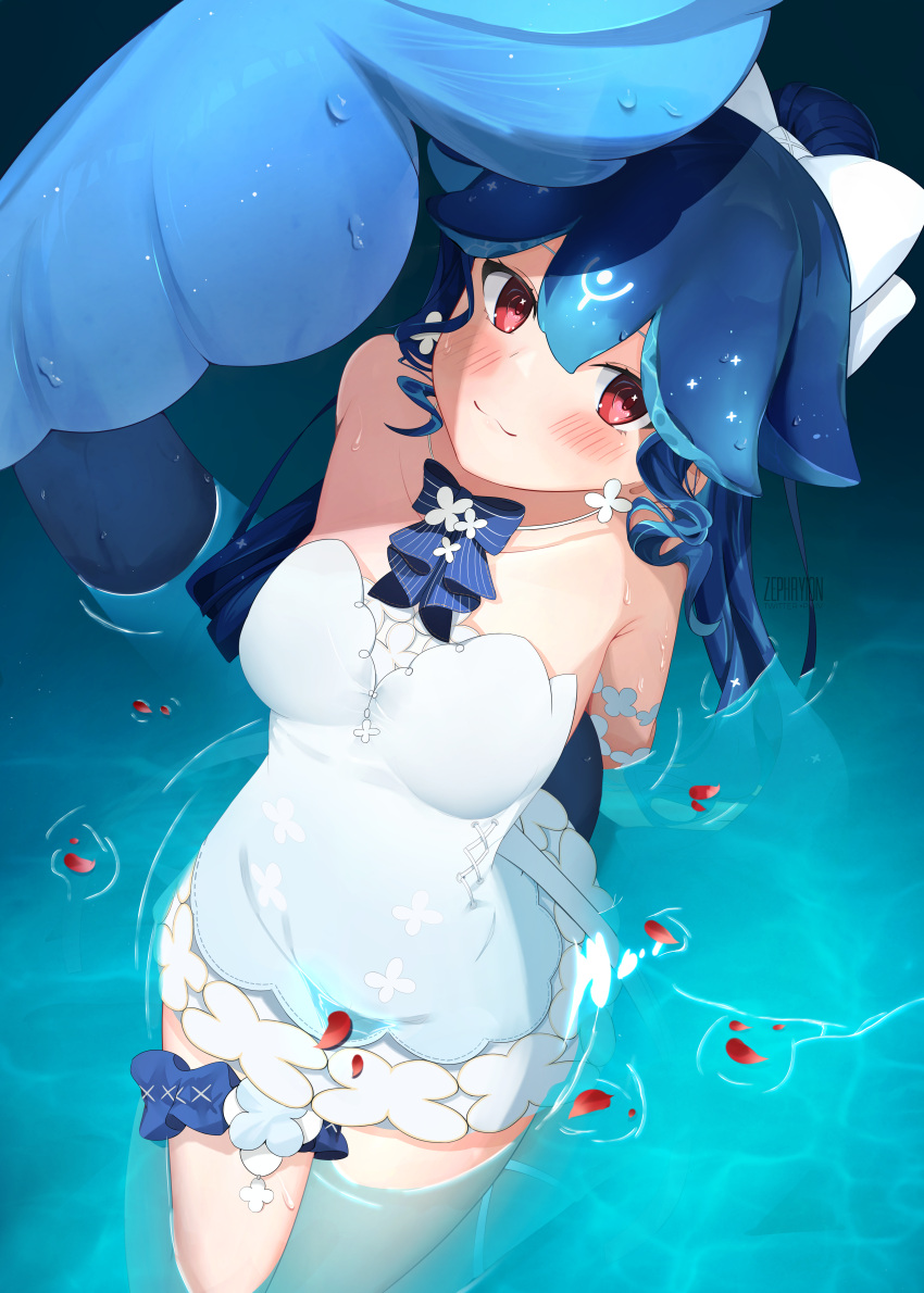 1girl, :3, absurdres, arms_behind_back, bao_(vtuber), bare_shoulders, blue_hair, blush