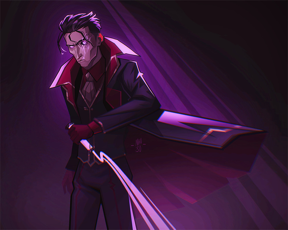 alternate_eye_color, arcane:_league_of_legends, artist_name, ascot, bangs, black_coat, black_pants, black_vest