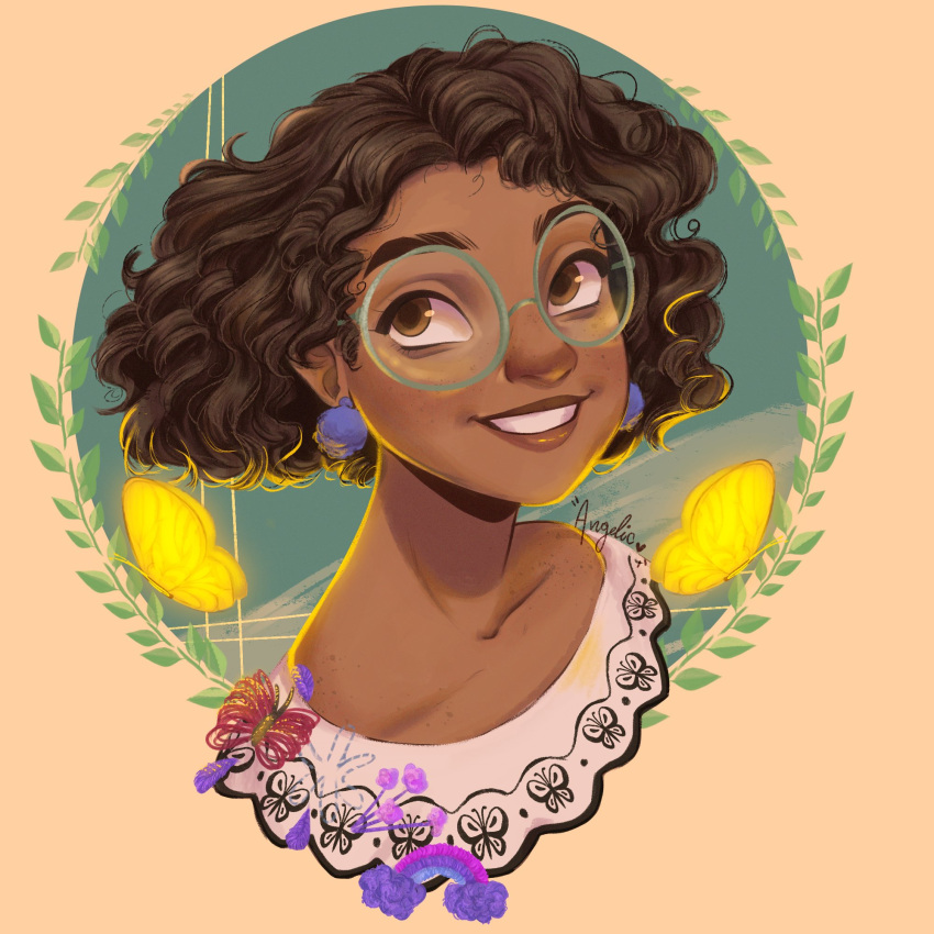 1girl, brown_eyes, brown_hair, bug, butterfly, curly_hair, dark-skinned_female, dark_skin