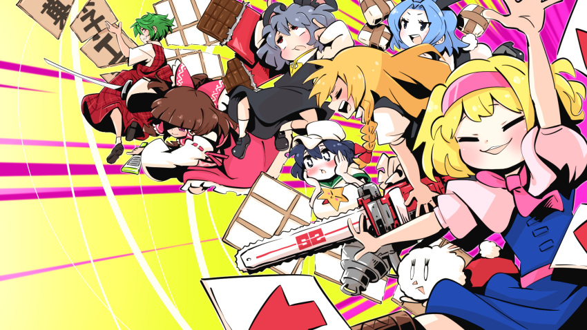 6+girls, akira_(cookie), alice_margatroid, animal_ears, bangs, black_eyes, black_footwear, black_hair