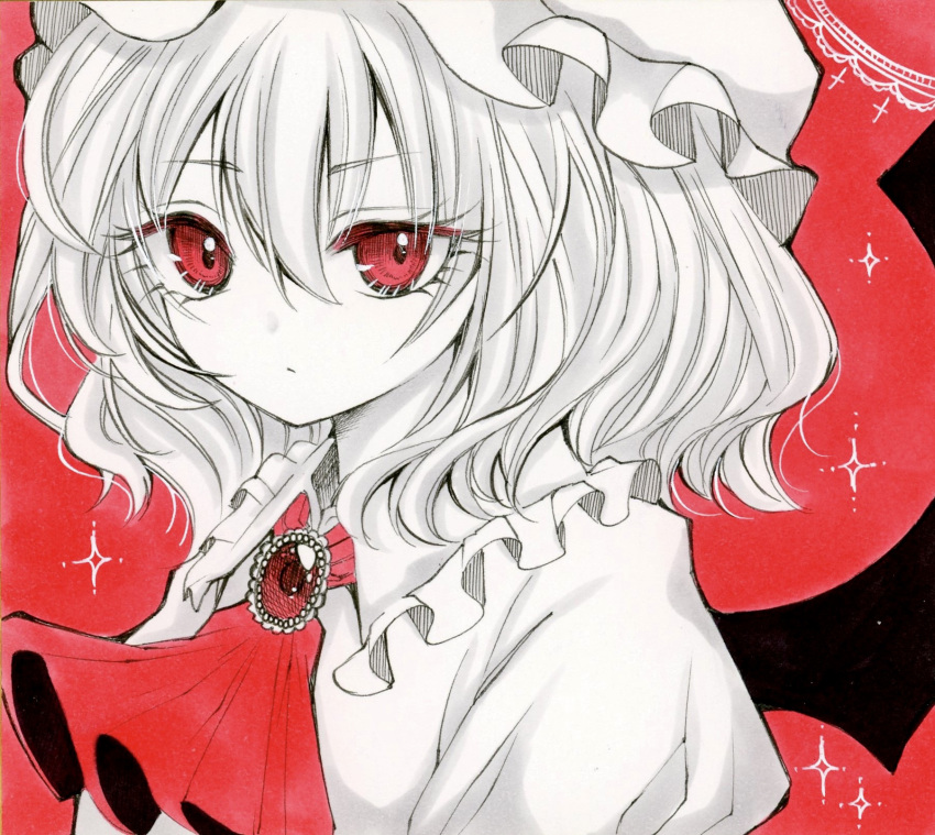 1girl, ascot, bangs, bat_wings, closed_mouth, collared_dress, commentary_request, dress