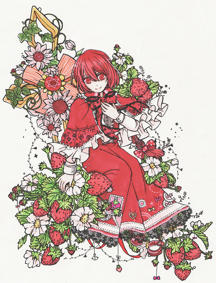 braid, capelet, flower, food, fruit, fukamiru, hair_bow, long_hair
