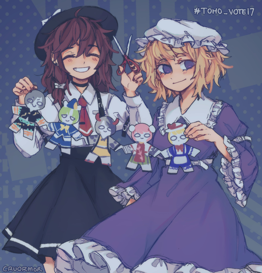 11vein, ^_^, abstract_background, arm_belt, black_ribbon, black_skirt, blonde_hair, blue_background