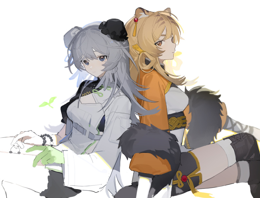 2girls, absurdres, animal_ear_fluff, animal_ears, arknights, back-to-back, bead_bracelet, beads