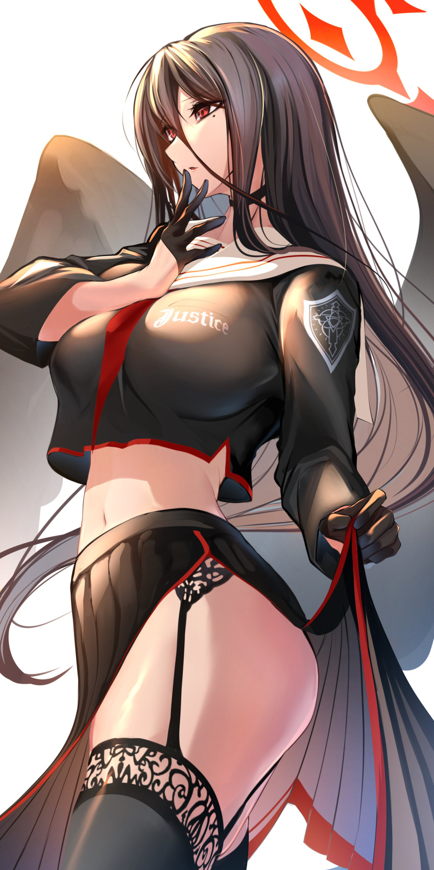 1girl, absurdres, black_hair, black_serafuku, black_skirt, blue_archive, breasts, choker
