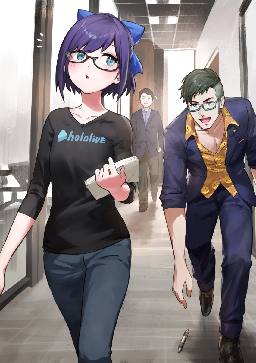 1girl, 2boys, :d, a-chan_(hololive), absurdres, bangs, black_hair, black_shirt