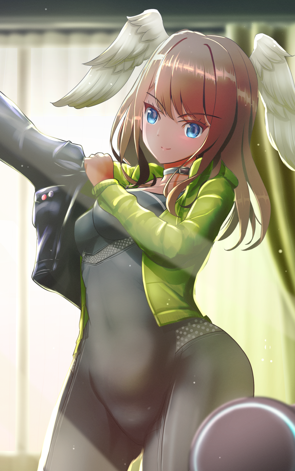1girl, black_bodysuit, blue_eyes, blue_pupils, bodysuit, eunie_(xenoblade), green_hoodie, head_wings, highres, hood, hoodie, inuneco, jacket, latex, latex_bodysuit, leather, leather_jacket, solo, white_wings, wings, xenoblade_chronicles_(series), xenoblade_chronicles_3