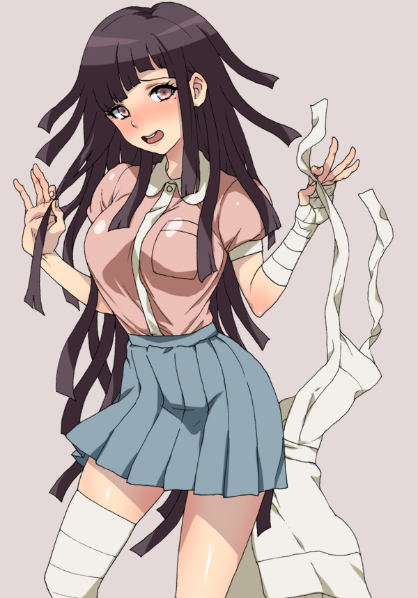 1girl, apron_removed, bandaged_leg, bandages, bangs, blush, breast_pocket, breasts