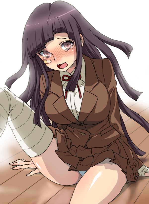 1girl, arm_support, bandaged_leg, bandages, bandaid, bangs, black_hair, blush