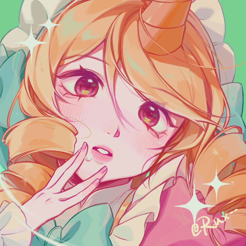 1girl, bangs, blonde_hair, blush, bow, bowtie, cafe_cuties_soraka, colored_skin