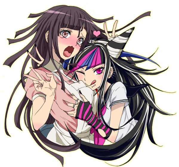 2girls, apron, bangs, black_hair, black_nails, black_sailor_collar, blue_hair, breast_grab, danganronpa_(series), danganronpa_2:_goodbye_despair, dosugon, gloves, grabbing, green_skirt, hair_horns, heart, jewelry, long_hair, mioda_ibuki, multicolored_hair, multiple_girls, one_eye_closed, piercing, pink_eyes, pink_hair, pink_shirt, ring, sailor_collar, shirt, short_sleeves, skirt, smile, striped, striped_gloves, tongue, tongue_out, tsumiki_mikan, v, white_hair, white_shirt, yuri