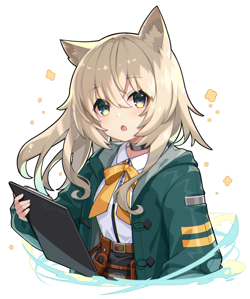1girl, :o, animal_ear_fluff, animal_ears, arknights, bangs, belt, belt_buckle