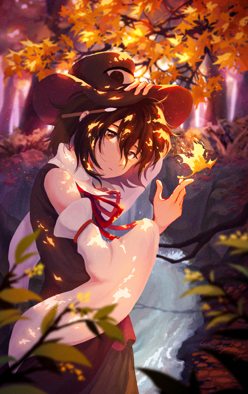 1other, absurdres, androgynous, autumn, autumn_leaves, bare_shoulders, black_hair, black_vest