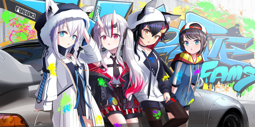 1boy, 4girls, animal_ears, bangs, black_choker, black_dress, black_hair, black_jacket, black_legwear, black_necktie, braid, brown_hair, car, choker, commentary_request, dog_tags, dress, eyebrows_visible_through_hair, fox_ears, fox_girl, ground_vehicle, hair_between_eyes, hat, highres, hinazuki_maara, hololive, hood, hood_up, hoodie, horns, jacket, leaning_on_object, long_hair, long_sleeves, looking_at_viewer, motor_vehicle, multicolored_hair, multiple_girls, nakiri_ayame, necktie, oni_horns, ookami_mio, oozora_subaru, open_clothes, open_jacket, open_mouth, outdoors, paint_splatter, pantyhose, peaked_cap, redhead, shirakami_fubuki, shirt, short_hair, sidelocks, single_braid, streaked_hair, swept_bangs, twintails, virtual_youtuber, white_hair, white_hoodie, white_jacket, white_shirt, wolf_ears, wolf_girl, yagoo