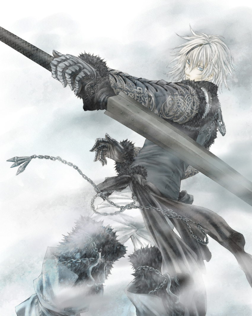 blue_eyes, chain, chains, gloves, highres, hisui_yuu, looking_back, male, nier, nier_(character), short_hair, silver_hair, solo, sword, weapon, white_hair