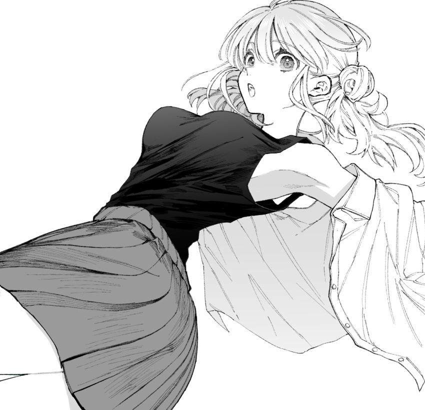 1girl, :o, armpits, bangs, bare_shoulders, breasts, collared_shirt, cowboy_shot