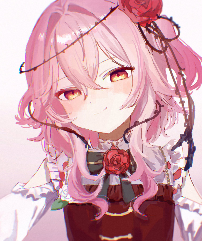 1girl, bangs, bow, clothing_cutout, commentary_request, flower, frills, hair_between_eyes, hair_flower, hair_ornament, highres, long_hair, looking_at_viewer, nagikiho, nijisanji, nijisanji_en, one_side_up, pink_hair, red_eyes, rose, rosemi_lovelock, smile, solo, thorns, upper_body, virtual_youtuber, white_background