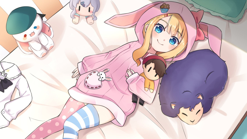 1girl, animal_ears, animal_hood, aoi_id, asymmetrical_legwear, bangs, bed, beret