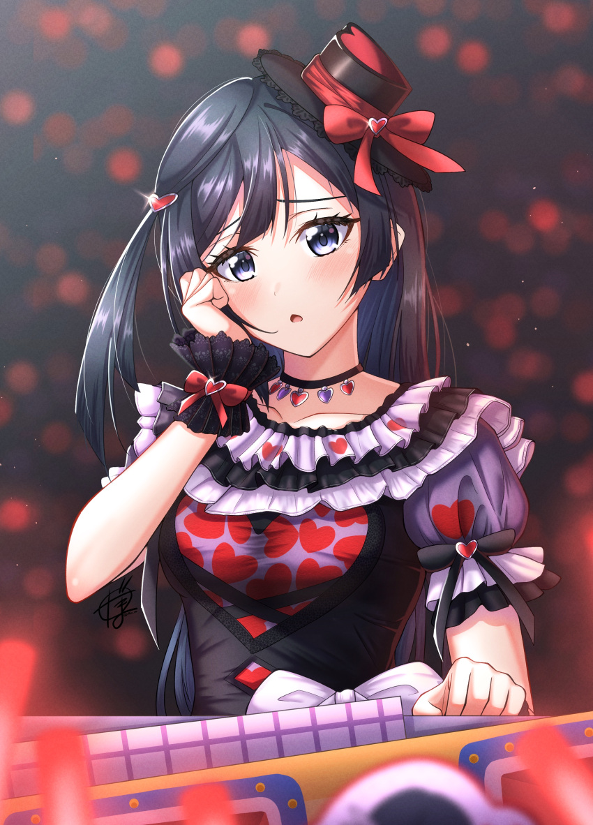 1girl, absurdres, bangs, black_eyes, black_hair, blush, breasts, bright09, choker, collarbone, commentary, glowstick, hair_ornament, hat, heart, heart_hair_ornament, heart_print, highres, long_hair, love_live!, love_live!_nijigasaki_high_school_idol_club, medium_breasts, one_eye_closed, one_side_up, shiny, shiny_hair, short_sleeves, sidelocks, signature, solo, upper_body, yuuki_setsuna_(love_live!)