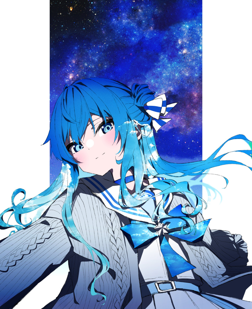1girl, absurdres, bangs, belt, blue_eyes, blue_hair, bow, cardigan