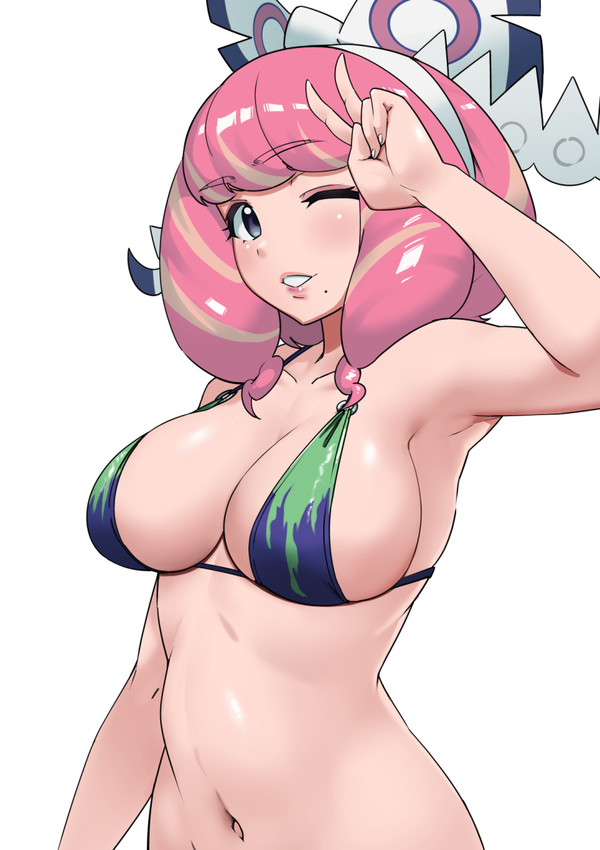 1girl, armpits, bikini, blush, bow_hairband, breasts, collarbone, commentary_request
