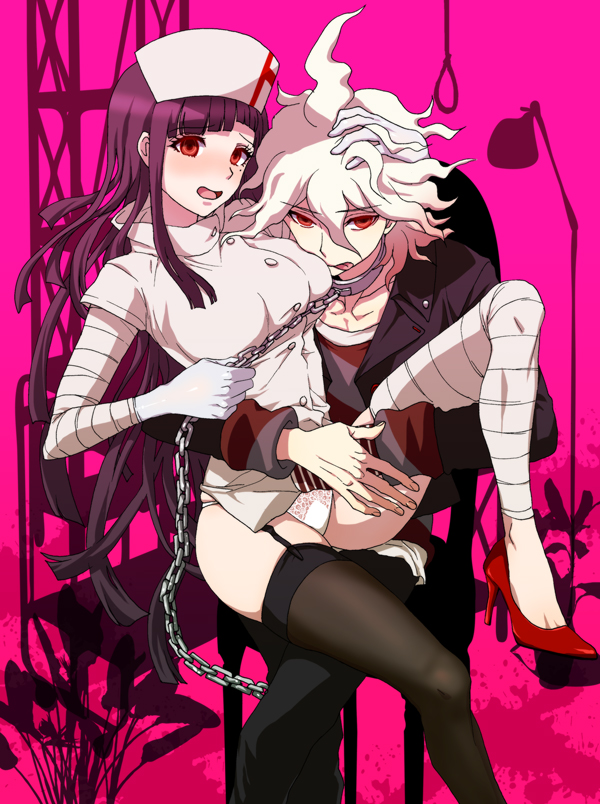 1boy, 1girl, :d, bandaged_arm, bandaged_leg, bandages, bangs, brown_legwear