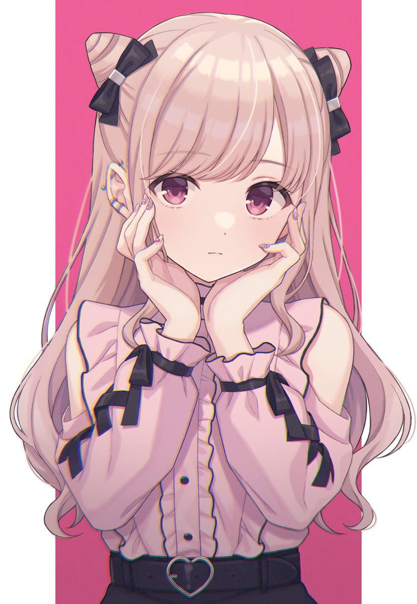 1girl, bangs, belt, belt_buckle, black_belt, black_bow, black_skirt, bow