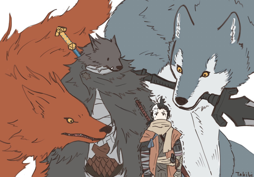 2boys, armor, artist_request, black_hair, blaidd_the_half-wolf, cape, dark_souls_(series), dark_souls_i, elden_ring, facial_hair, from_software, fur_cape, furry, furry_male, great_grey_wolf_sif, greatsword, highres, holding, holding_weapon, huge_weapon, japanese_clothes, katana, long_hair, male_focus, multiple_boys, ninja, plate_armor, ponytail, prosthesis, prosthetic_arm, red_wolf_of_radagon, scar, scarf, sekiro, sekiro:_shadows_die_twice, short_hair, sword, wavy_hair, weapon, wolf_boy