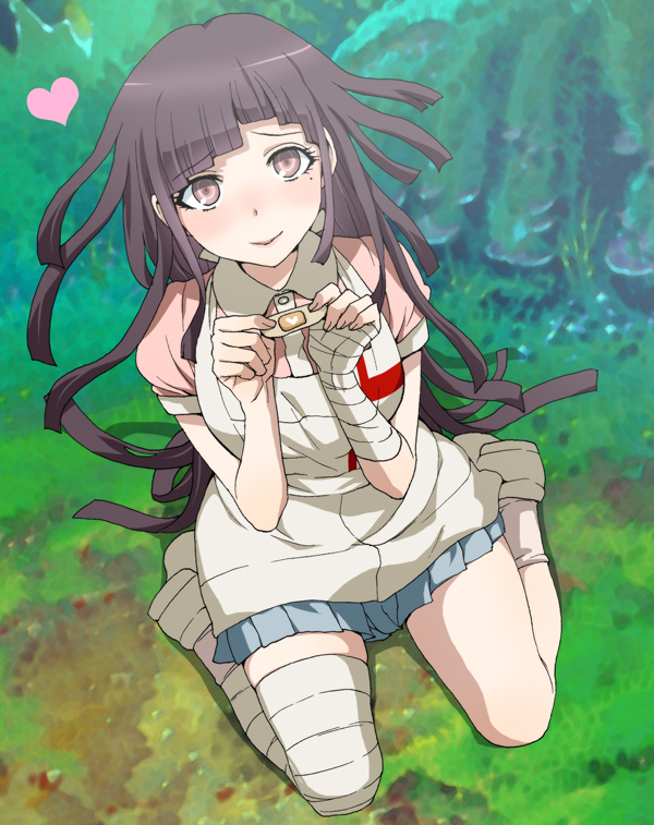 1girl, apron, bandaged_arm, bandaged_leg, bandages, bangs, blurry, blurry_background