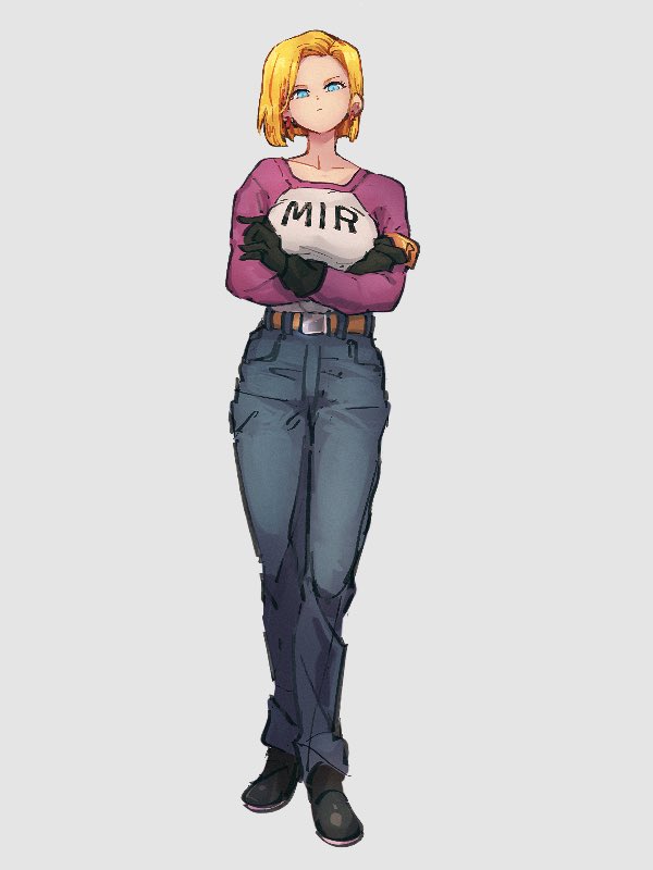 1girl, android_17, android_17_(cosplay), android_18, belt, black_footwear, black_gloves, black_pants, blonde_hair, blue_eyes, brown_belt, closed_mouth, cosplay, dragon_ball, dragon_ball_super, full_body, gloves, grey_background, kemachiku, long_sleeves, looking_at_viewer, pants, shirt, shoes, short_hair, simple_background, solo, standing