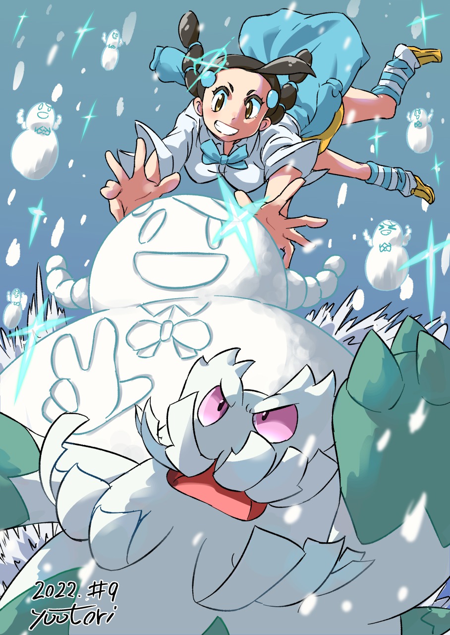 1girl, abomasnow, black_hair, brown_eyes, brown_footwear, brown_skirt, candice_(pokemon), clothes_around_waist