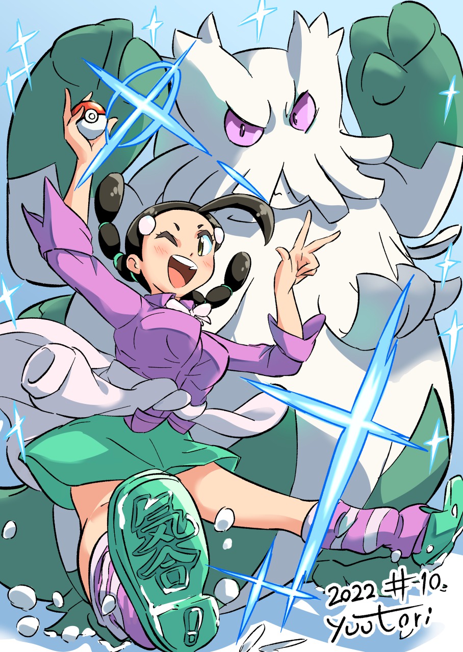 1girl, ;d, abomasnow, alternate_color, black_hair, breasts, candice_(pokemon), clothes_around_waist