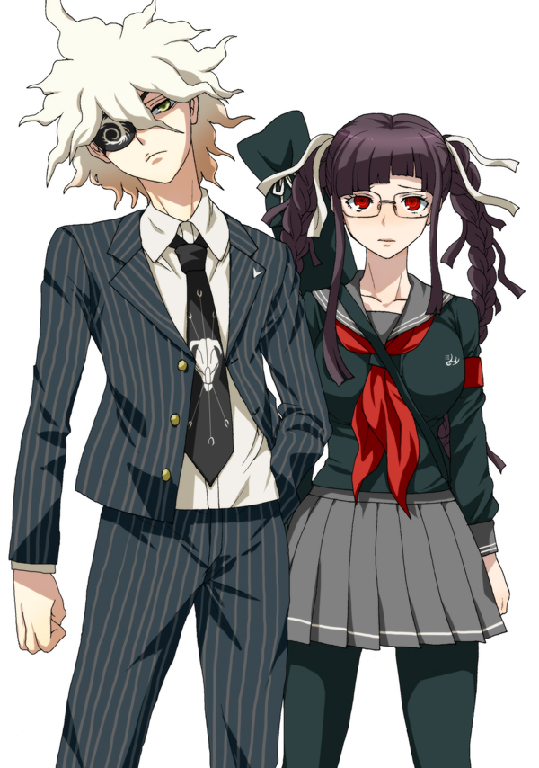 1boy, 1girl, bangs, bespectacled, black_eyepatch, black_hair, black_jacket, black_legwear
