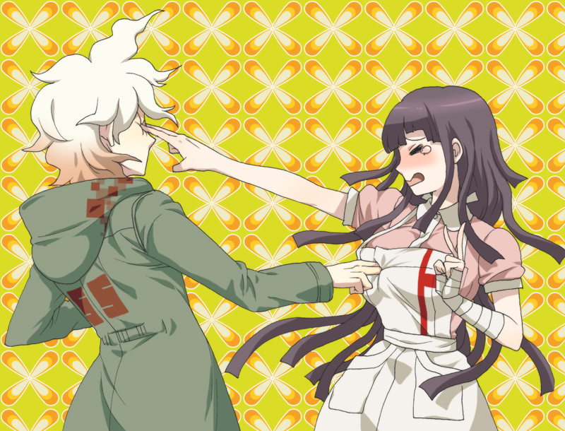 1boy, 1girl, apron, bandaged_arm, bandages, bangs, black_hair, blush