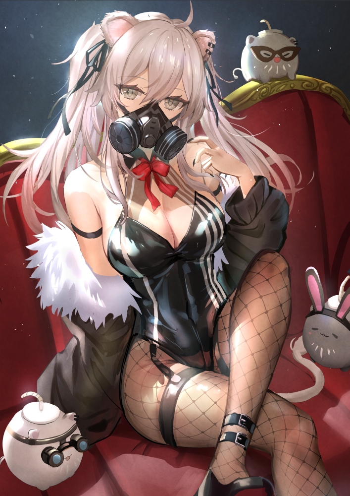 1girl, ahoge, bangs, black_leotard, black_nails, black_ribbon, bow, bowtie